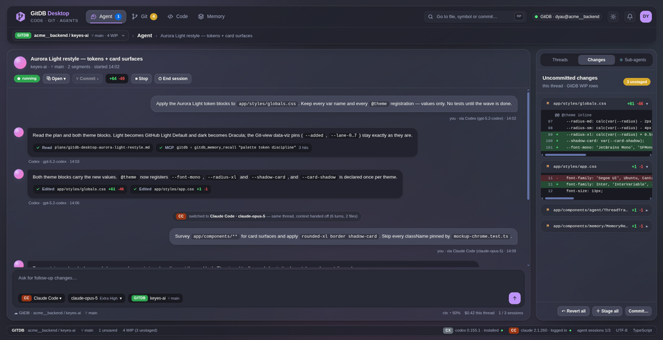 The GitDB Desktop Code view: an agent thread in which a Codex session hands off to Claude Code in the same thread, beside the thread's Changes pane listing its uncommitted file diffs with Revert all and Stage all actions.