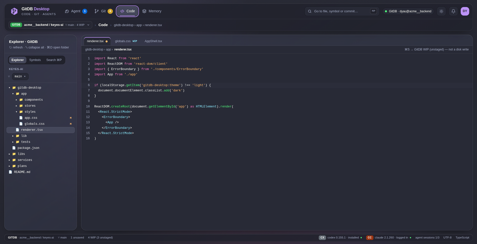 The GitDB Desktop File view: a file explorer for a GitDB repository beside an editor open on a TypeScript file, its tab bar marking unsaved and WIP files, with a note that saving goes to GitDB WIP.